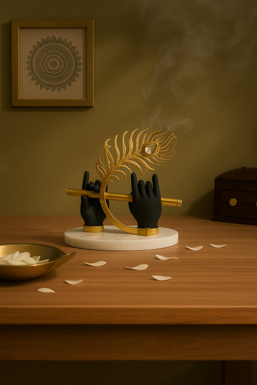 Krishna Hand and Flute Idol with Peacock Feather