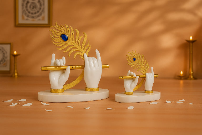 White Handed Krishna Flute Idol with Gold Feather