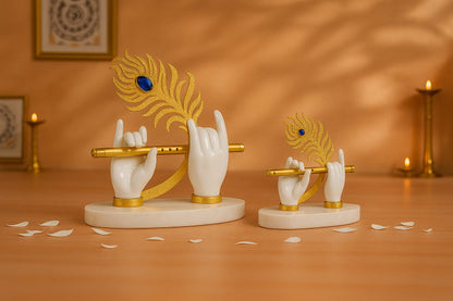 White Handed Krishna Flute Idol with Gold Feather