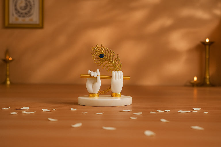 White Handed Krishna Flute Idol with Gold Feather