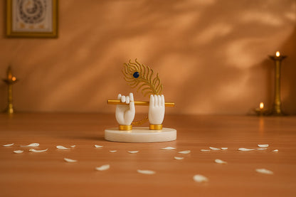 White Handed Krishna Flute Idol with Gold Feather
