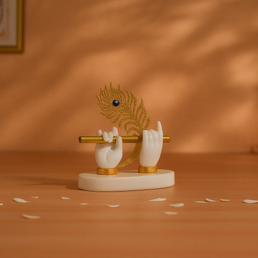 White Handed Krishna Flute Idol with Gold Feather