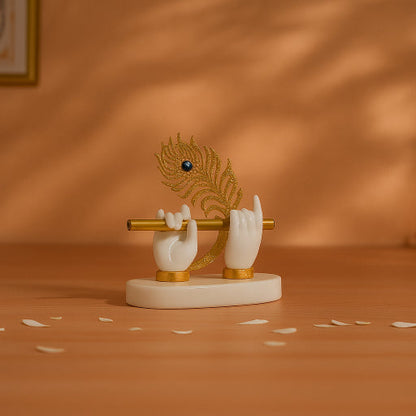 White Handed Krishna Flute Idol with Gold Feather