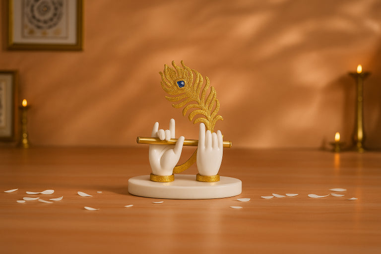 White Handed Krishna Flute Idol with Gold Feather