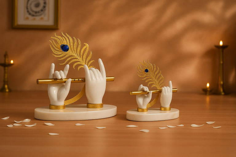 White Handed Krishna Flute Idol with Gold Feather