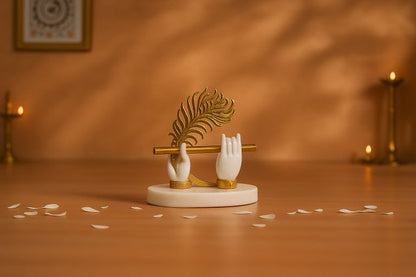 White Handed Krishna Flute Idol with Gold Feather