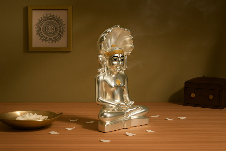 Large Matte Silver Mahaveer Swami Idol