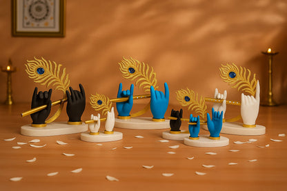 White Handed Krishna Flute Idol with Gold Feather