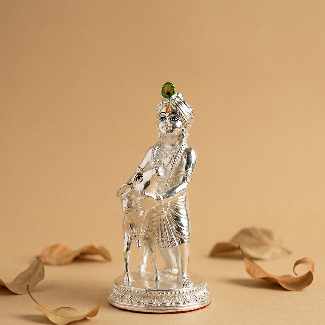 Glossy Silver Krishna & Cow