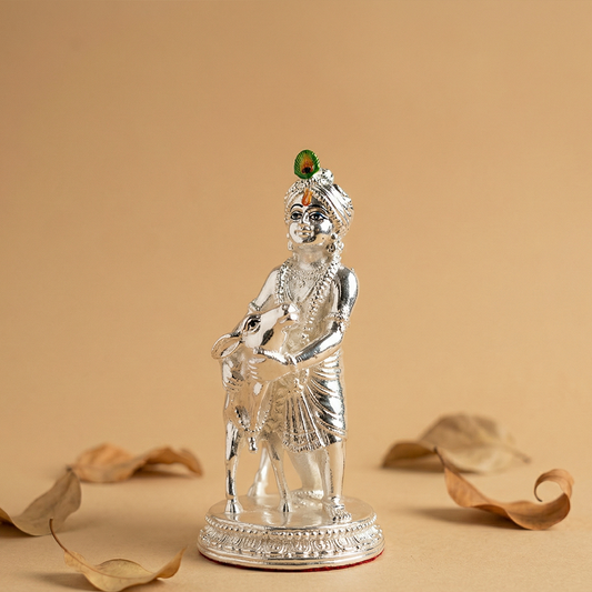 Glossy Silver Krishna & Cow