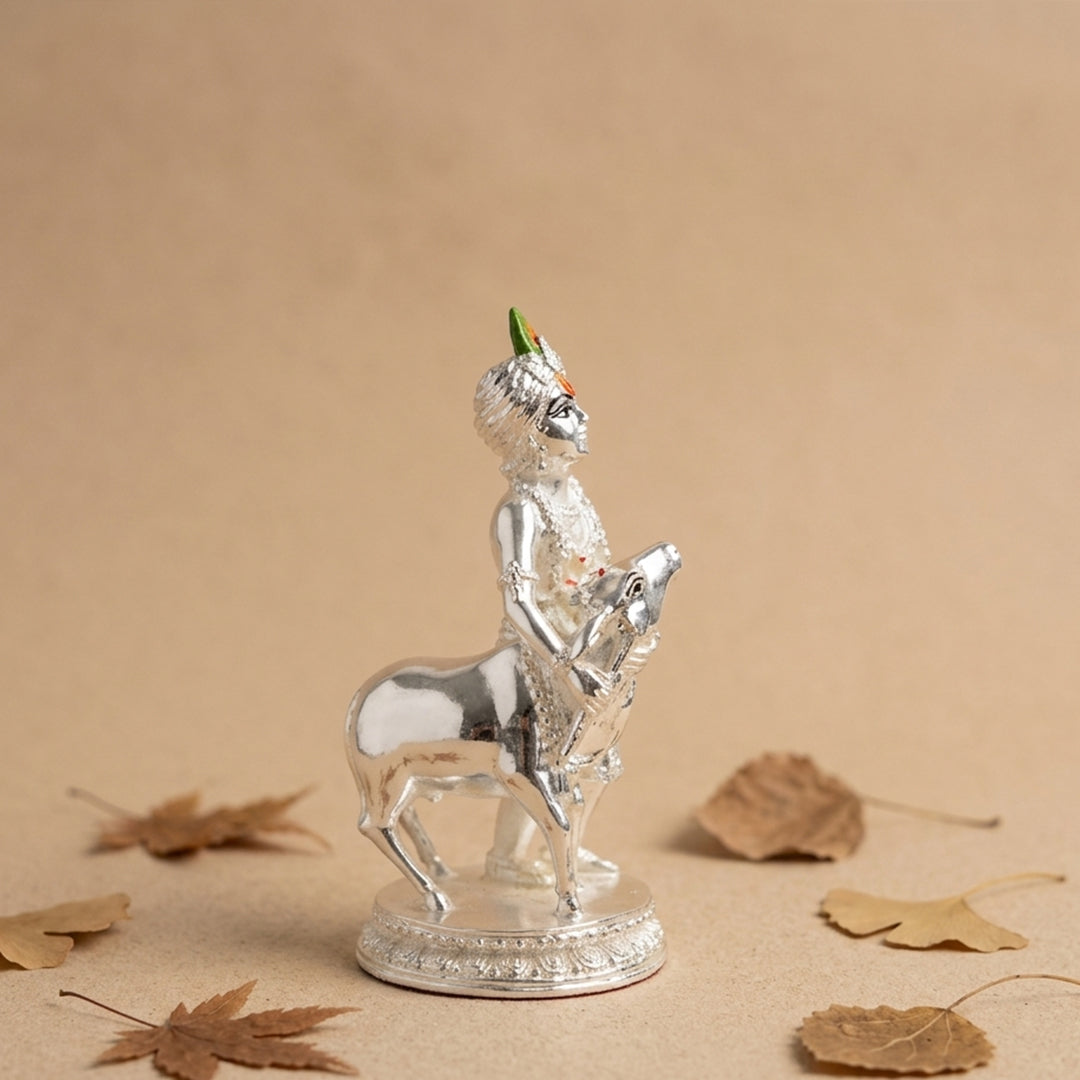 Glossy Silver Krishna & Cow