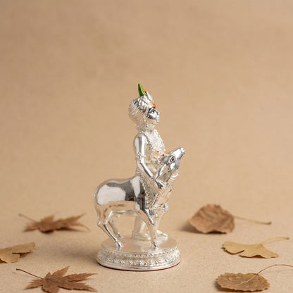 Glossy Silver Krishna & Cow