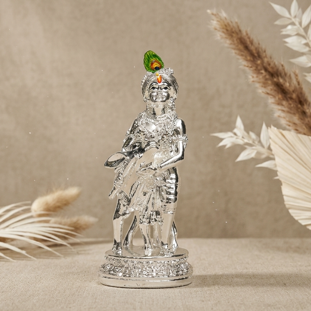 Glossy Silver Krishna & Cow
